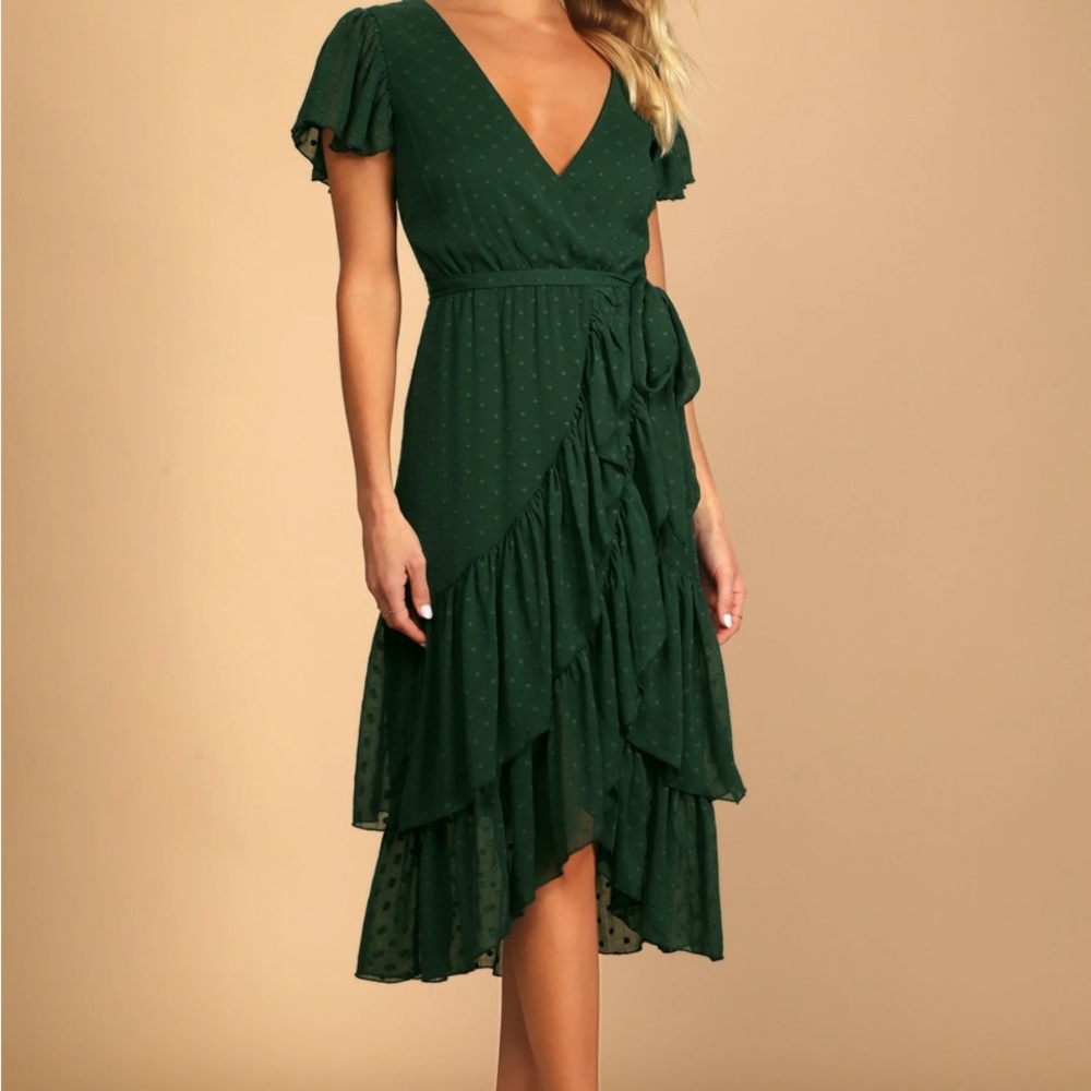 Have Harmony Dark Green Swiss Dot Ruffled Faux Wrap-never been worn size L